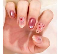 30Pcs / Pack Nacreous Glittering Fake Nails with Raised Bows Design Short Almond Length for Daily Wear Heart Design Artificial Nails