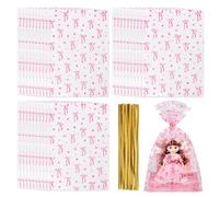 30Pcs Pink Bow Cellophane Wrap with Gold Twist Ties, 30 x 40cm Premium Cellophane Bags for Gift Baskets, Easy Packing Hamper Wrapping Bag, Durable Clear Gift Bags for Birthdays & Annivesary