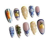 30Pcs Press Nails Middle Length Almond Shaped with 3D Flower Art and Nude Color Almond-Shape Nails Tips