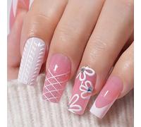 30pcs Press on Nails French Tip - False Nails with Glue - Medium Coffin Stick on nails for Women - Pink White Fake Nails French Tip - nail Art Decoration Glue on nails Long Lasting