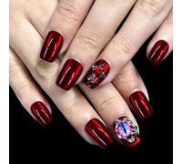 30Pcs Press On Nails Short Square Cats Eye Wine Color Glossy False Nails With Devil Eye And Rhinestones For Women