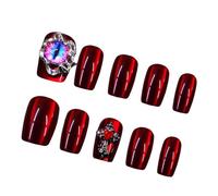30Pcs Press On Nails Short Square Cats Eye Wine Color Glossy False Nails With Devil Eye And Rhinestones For Women