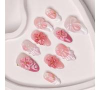 30Pcs Presses on Nails 3D Ice Transparent Floral Designs and Pearls Bows Accents for Sweet Elegant Styles Date Nails