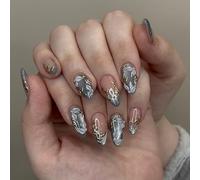 30Pcs Presses on Nails for Quick Wear Matte Blue Cats Eye Silver Leafs Design ABS Comfortable Fit Mists Blue Presses on Nails