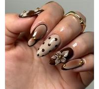 30Pcs Presses on Nails with Vintages Styles Polkas Dots 3D Flower Detail and Shining Gold Beads ABS for Quick Application Elegant Nails