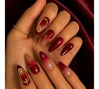 30PCS Red Almond Press On Nails - 3D Gold Stars and Gold Pearl Design, ABS Material with Accessory Tools for Women, Reusable for Elegant Nail Art, Perfect for Parties and Travel