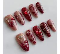 30Pcs Red Heart Press on Nails, Medium Almond Fake Nails with 3D Love Cherry Design, Glossy Stick on Nails for Women, Girls for Parties, Dates, Proms (Red)