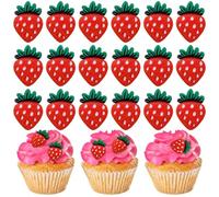 30PCS Red Strawberry Cupcake Toppers,DIY Resin Cake Topper Decorations for Wedding Anniversary Bridal Shower Birthday Valentine's Day Party Supplies