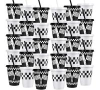 30Pcs Reusable Plastic Cups with Straws & Lids, 16 oz / 470 ml Checkered Racing Party Cups Bulk, White Black Tumbler Drinking Cup Travel Mug for Iced Coffee Birthdays Table Decoration Party Favors