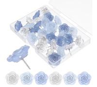 30Pcs Rose Flower Push Pins, Cute Decorative Push Pins with Storage Box, Clear Blue Floral Thumb Tacks for Wall Bulletin Board Office Supplies Accessories