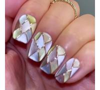 30pcs Short Coffin False Nails Cat Eye Press on Nails Green Purple Glitter Stick on Nail with 3D Gold Gilding Grid Design Removable Glue on Acrylic Fake Nail Tips Accessories for Women