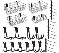 30PCS Slatwall Accessories Set, Includes 4 Pack Ventilated Metal Wire Slatwall Baskets and 26PCS Multisized Heavy Duty Slatwall Hooks for Garage Organization Rooms Workshop Storage