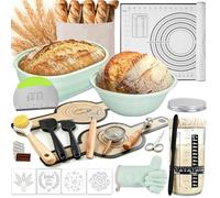 30Pcs Sourdough Starter Kit, Round & Oval Silicone Bread Proofing Basket, 1000ml Sourdough Starter Jar Kit, Bread Sling, Dough Whisk, Scrapers, Stencils, Ideal for Home Bakers & Beginners