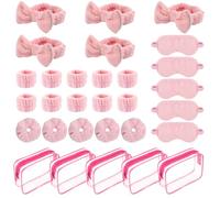 30Pcs Spa Sleepover Party Supplies, Pink Bulk Favor Set with Bow Facial Headband Pink Plush Sleep Eye Mask Cosmetic Bags Hair Scrunchies Wristbands for Women Girls Makeup Slumber Party Essentials