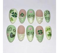 30Pcs St Patricks Day Press on Nails Short Almond Fake Nails with Green Glitter Designs Irish Shamrocks False Nails St. Lucky Clover Full Cover Glue on Nails for Women (St. Patrick's Day Nails-11)