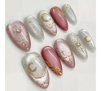 30Pcs St Patricks Day Press on Nails Short Almond Fake Nails with Green Glitter Designs Irish Shamrocks False Nails St. Lucky Clover Full Cover Glue on Nails for Women (Star Nails-6)