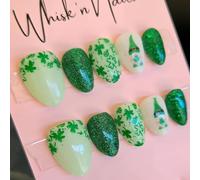 30Pcs St Patricks Day Press on Nails Short Almond Fake Nails with Green Glitter Designs Irish Shamrocks False Nails St. Lucky Clover Full Cover Glue on Nails for Women (St. Patrick's Day Nails-10)