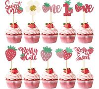 30PCS Strawberry Cupcake Toppers Glitter Sweet One 1st Berry First Strawberry Shortcake Cake Topper Birthday Decor for Baby Shower Kids Party Cake Decorations