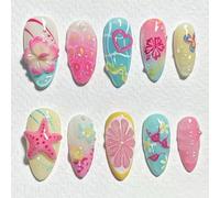30PCS Summer Almond Press On Nails - Medium Length False Nails - Handmade 3D Floral Fruit Starfish Butterfly Lemon Gradient Design, Glossy French Tips, Reusable Nail Set with Accessories
