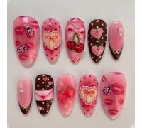 30PCS Sweet Heart Almond Press On Nails - Medium Length False Nails with 3D Cherry Strawberry Gift Box Ladybug - Pink Brown Polka Dot French Tips, Reusable Nail Set with Jelly Tabs and File