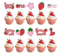 30Pcs Sweetheart Strawberry Cupcake Decoration, Fine Workmanship Strawberry Cupcake Toppers Decor Supplies, Suitable for 1st Birthday Party Baby Baptism Dessert Decorations