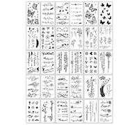 30PCS Temporary Tattoos - Fake Tattoo Stickers - Fine Line Style Body Art - Removable Waterproof Decals - Floral Lettering Leaf Designs - For Women Men Teens