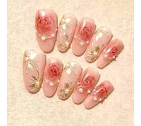 30Pcs Valentines Press on Nails Medium Almond Fake Nails with 3D Pearls Design Rose Flower False Nails Gold Flowers Acrylic Nails Nude Glossy Full Cover Cute Floral Artificial Stick on Nail for Women