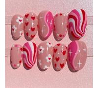30Pcs Variety Sizes Presses on Nails Valentine Special Heart Shaped Flowers and Stripes Design for Nails ABS False Nail