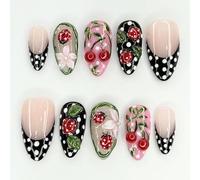 30Pcs White Polka Dots French Tip Press on Nails Medium Almond Fake Nails with 3D Ladybug Cherry Design Flower Leaf False Nails Black Glossy Full Cover Spring Summer Artificial Acrylic Nails for Women