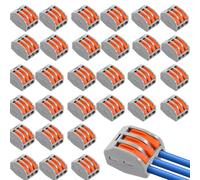 30pcs Wire Connectors, Electrical Connector Blocks, 3 Way Compact Cable Terminals Clips Terminal Block Quick Spring, Lever Nut Assortment Conductor with Clamp 3-Port electrical connectors(30PCS)