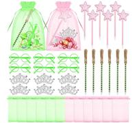 30Pcs Witch and Princess Party Favors-6 Small Princess Crowns and 6 Green Glasses, 12 Wizard Witch Broom and Mini Star Wands Shaped Pens, 6 Pink and Green Goodie Bags for Witch Birthday Party Decor