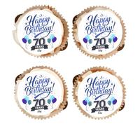 30th 40th 50th 60th 70th Birthday Cupcake Toppers - Edible Vanilla Flavoured Icing Cupcake Decoration - BLUE - 2 Sizes, 70th, 15 x 50mm