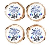 30th 40th 50th 60th 70th Birthday Cupcake Toppers - Edible Vanilla Flavoured Icing Cupcake Decoration - BLUE - 2 Sizes, 60th, 30 x 38mm