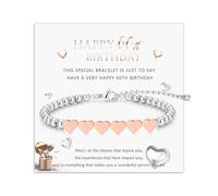 30th 40th 50th 60th 70th Birthday Gifts for Women, Adjustable Silver Bracelet for Women Silver Bead Bracelet with Rose Gold Heart, Birthday Gifts for Mum Daughter Sister Grandma Friend (rosegold-60th)