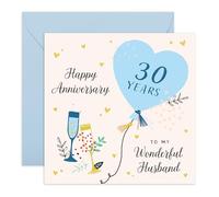 30th Anniversary Card for Husband - Gifts for Him, Spouse, Partner, Mr, Hun, Lovebug, Darling, Sweetheart, Men - Thirty Years Down, Blue Heart Balloon - Comes with Stickers