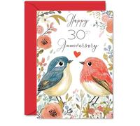 30th Anniversary Card for Women Men - Love Birds - Happy Wedding Anniversary Cards for Wife Husband Girlfriend Boyfriend, 5x7 Inch Floral Bird Greeting Cards
