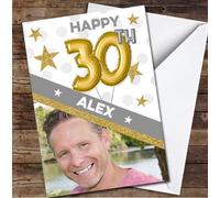 30th Balloons Gold Sparkle Photo Any Age Personalised Birthday Card - Personalised Birthday Card For 30th Birthday, Custom Birthday Card