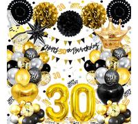 30th Birthday Balloons Black Gold, Banner, Triangle Flag, 30th Birthday Decorations, Black Gold Party Decorations Set, Latex, Heart, Crown And Numbers Balloons, Confetti, Paper Pom Poms, Ribbon