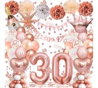 30th Birthday Balloons Rose Gold, Banner, Triangle Flag, 30th Birthday Decorations, Rose Gold Party Decorations Set, Latex, Heart, Crown And Numbers Balloons, Confetti, Paper Pom Poms