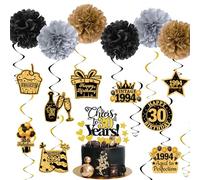 30th Birthday Banner Decorations - 36 Pieces Black and Gold Party Banners Set Includes 30th Birthday Banner Hanging Swirl Paper Pom Poms Cake Topper Cupcake Toppers for Men Women 30th Party Supplies
