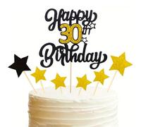 30th Birthday Cake Topper, Black Gold Glitter Happy 30th Birthday Cake Toppers with Stars Design for Men Women Cheers to 30 Years Old Party Decorations