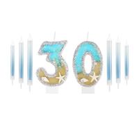 30th Birthday Candles for Cake, Silver Shell Sequins Birthday Candles, Boys Girls 30th Birthday Decorations, Mermaid Themed Birthday Decorations Party Supplies, Gold Blue Number 30 Candles Birthday