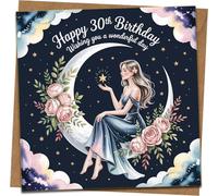 30th Birthday Card for Her, Elegant Moon and Roses Design, Square 145mm x 145mm, Luxury Greeting Card with Kraft Envelope, Happy 30th Birthday Wishes, Feminine Starry Night Illustration