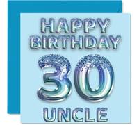 30th Birthday Card for Uncle - Blue Glitter Party Balloons - Happy Birthday Cards for 30 Year Old Uncle from Nephew Niece, 145mm Bday Greeting Cards Gift