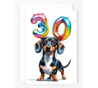 30th Birthday Card with Dachshund Design, Rainbow Number Balloons, White Greeting Card