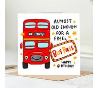 30th Birthday Card with Red Double Decker Bus Design, Almost Old Enough for a Free Bus Pass