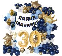 30th Birthday Decoration for Men, Navy Blue Gold White 30th Party Balloons, 30th Happy Birthday Banner Decorations, Number 30 Balloons for Men Party