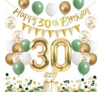30th Birthday Decoration for Women and Men, Decoration 30th Birthday Avocado Green, 30th Birthday Green White Gold Balloons with Banner Decorations, Confetti 30 Years Birthday Decoration for Women and