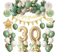 30th Birthday Decoration for Women Men, 63Pcs Sage Green Party Decoration Set - 32Inch 30th Birthday Balloon, Star Foil Balloon, Green Gold White Balloons, Banner, Cake Topper