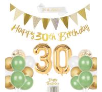 30th Birthday Decoration, Sage Green Decoration 30th Birthday Women, Foil Balloon Number 30, Green White Gold Balloon, Happy Birthday Banner, 30 Fabulous Sash, Cake Topper for 30th Birthday Decoration